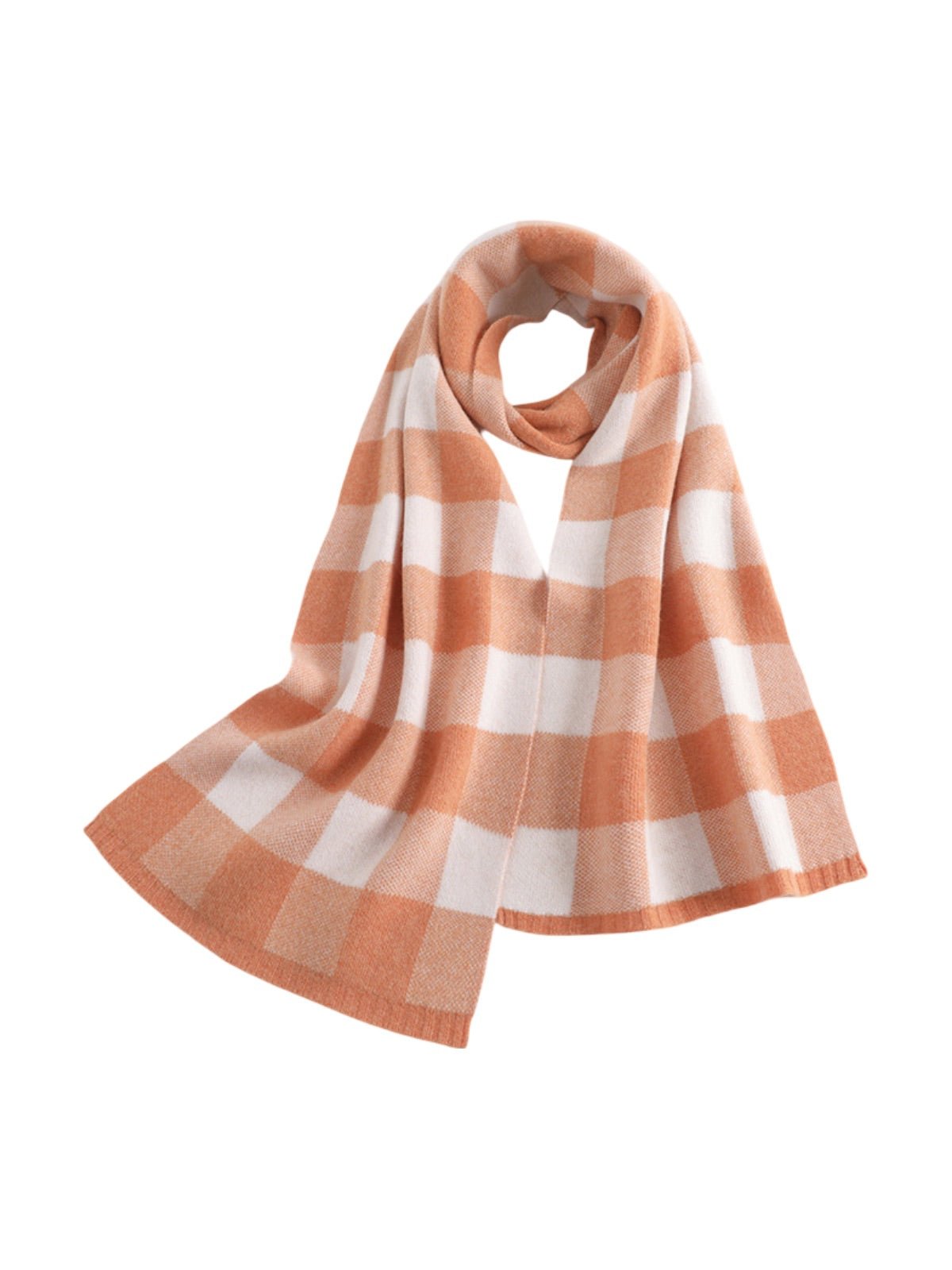 Écharpe pure laine, écharpe hiver femme, grand motif à carreaux, chaude et douce, look tendance, 180x30cm, modèle Mira - Écharpe - Orange