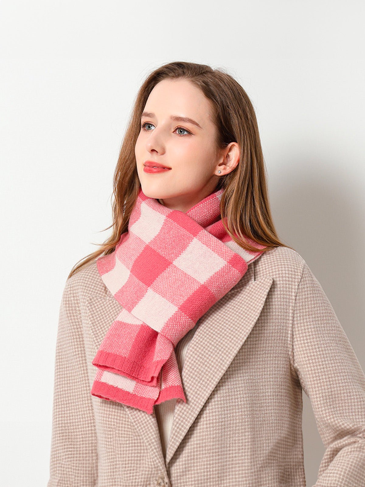 Écharpe pure laine, écharpe hiver femme, grand motif à carreaux, chaude et douce, look tendance, 180x30cm, modèle Mira - Écharpe - Rose