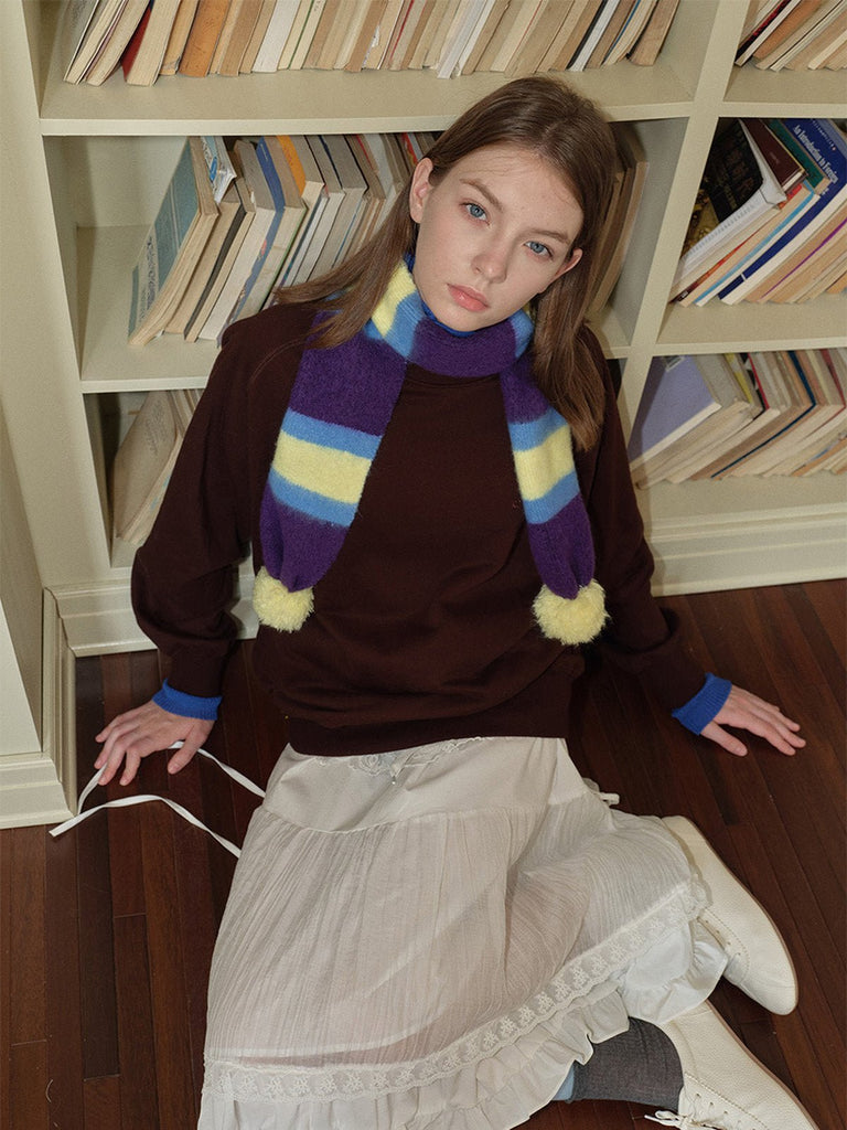 Écharpe tricolore à pompons, douce et chaude, look rétro coloré, hiver stylé, idéale pour superpositions, parfaite pour le froid, modèle Tafine - Écharpe - Violet