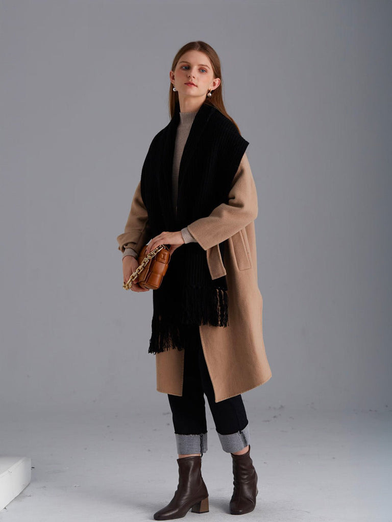 Écharpe unie en pure laine, maille côtelée épaisse, toucher doux, franges torsadées, chaude pour l’hiver, modèle Yvern - Écharpe - Noir