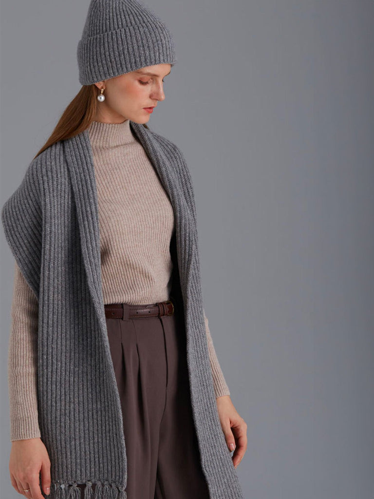 Écharpe unie en pure laine, maille côtelée épaisse, toucher doux, franges torsadées, chaude pour l’hiver, modèle Yvern - Écharpe - Gris