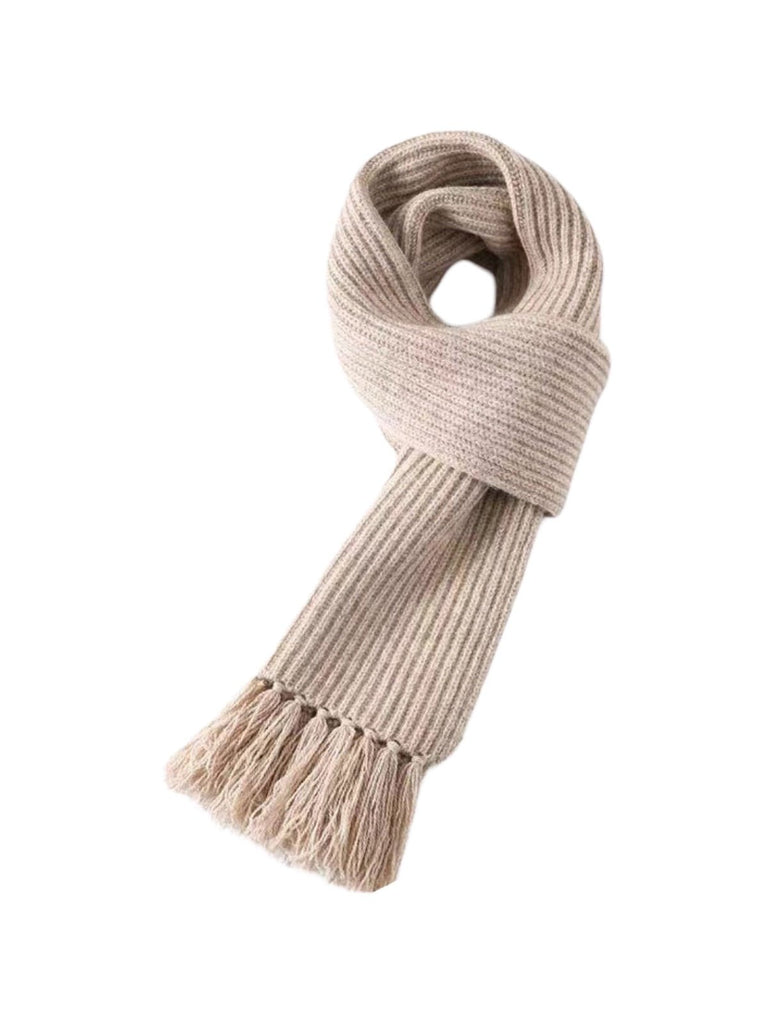 Écharpe unie en pure laine, maille côtelée épaisse, toucher doux, franges torsadées, chaude pour l’hiver, modèle Yvern - Écharpe - Beige