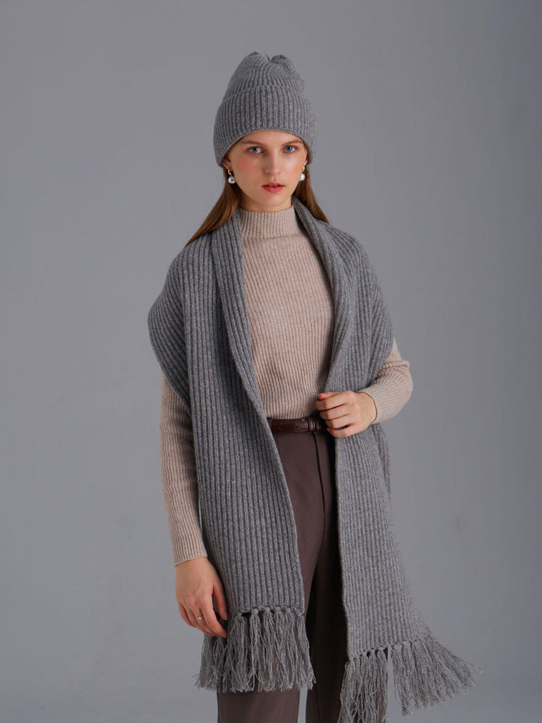 Écharpe unie en pure laine, maille côtelée épaisse, toucher doux, franges torsadées, chaude pour l’hiver, modèle Yvern - Écharpe - Gris