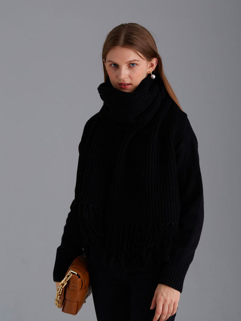 Écharpe unie en pure laine, maille côtelée épaisse, toucher doux, franges torsadées, chaude pour l’hiver, modèle Yvern - Écharpe - Noir