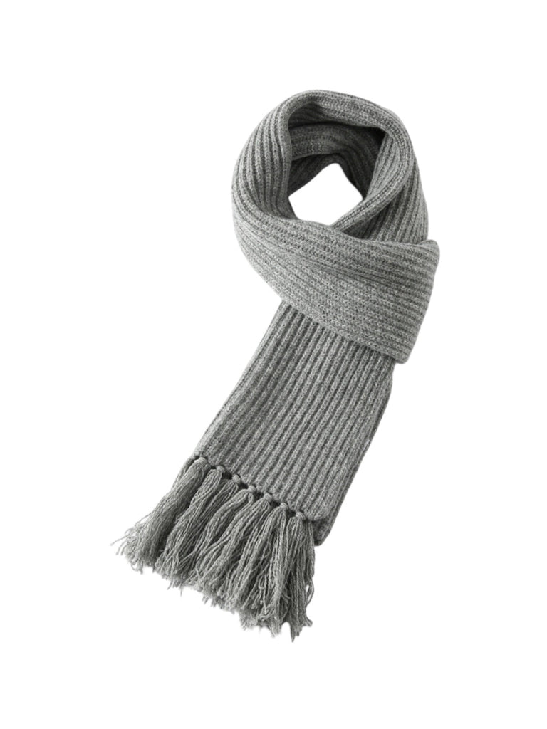 Écharpe unie en pure laine, maille côtelée épaisse, toucher doux, franges torsadées, chaude pour l’hiver, modèle Yvern - Écharpe - Gris