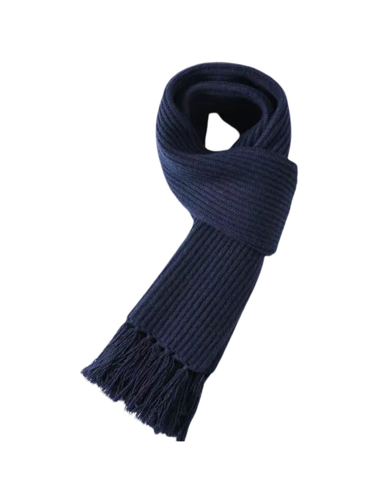 Écharpe unie en pure laine, maille côtelée épaisse, toucher doux, franges torsadées, chaude pour l’hiver, modèle Yvern - Écharpe - Bleu marine