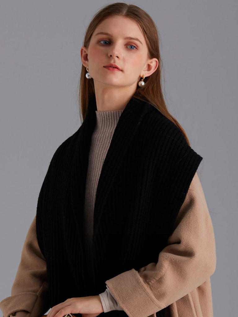 Écharpe unie en pure laine, maille côtelée épaisse, toucher doux, franges torsadées, chaude pour l’hiver, modèle Yvern - Écharpe - Noir