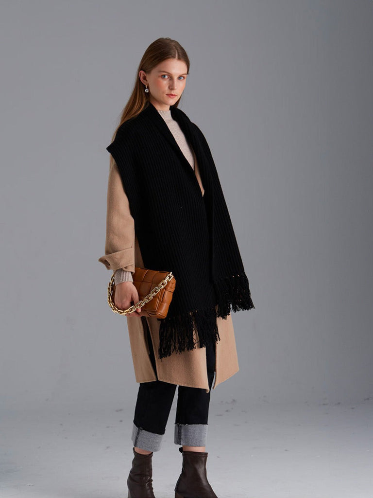 Écharpe unie en pure laine, maille côtelée épaisse, toucher doux, franges torsadées, chaude pour l’hiver, modèle Yvern - Écharpe - Noir