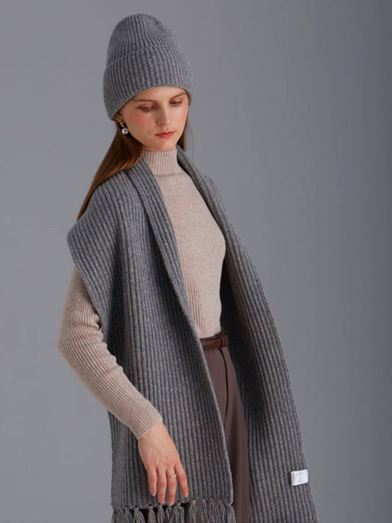 Écharpe unie en pure laine, maille côtelée épaisse, toucher doux, franges torsadées, chaude pour l’hiver, modèle Yvern - Écharpe - Gris