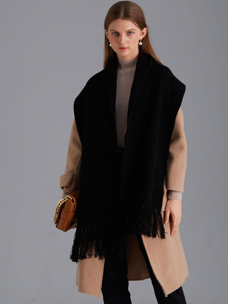 Écharpe unie en pure laine, maille côtelée épaisse, toucher doux, franges torsadées, chaude pour l’hiver, modèle Yvern - Écharpe - Noir