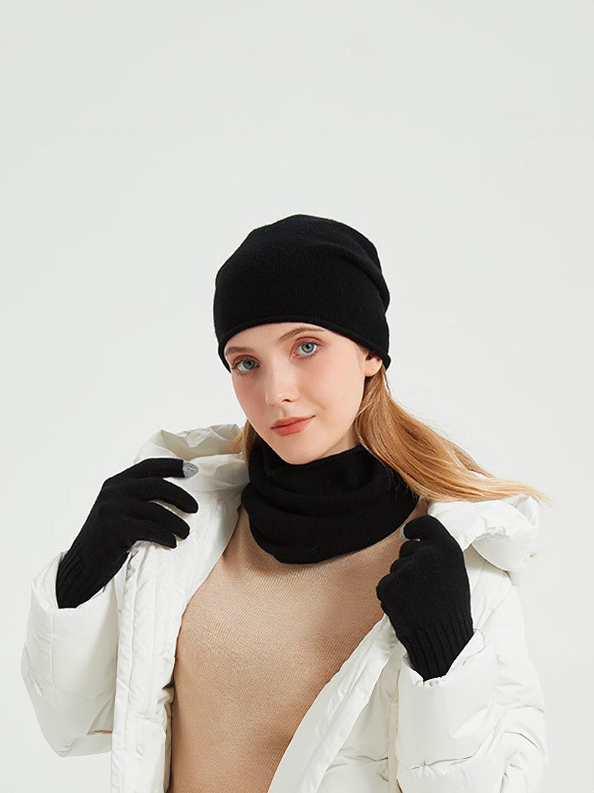 Ensemble bonnet cache - cou gants, hiver chaud, pure laine douce, maille unie, tactile smartphone, cadeau idéal, mixte, doux et chaud, modèle Xani - Écharpe - Noir