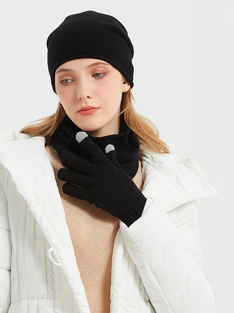 Ensemble bonnet cache - cou gants, hiver chaud, pure laine douce, maille unie, tactile smartphone, cadeau idéal, mixte, doux et chaud, modèle Xani - Écharpe - Noir