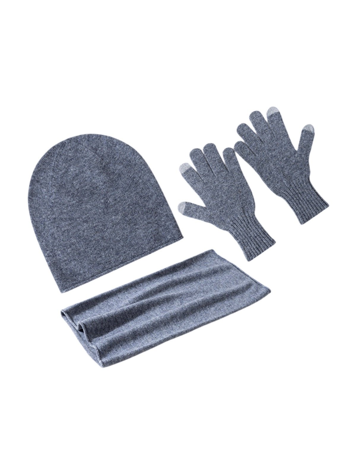 Ensemble bonnet cache - cou gants, hiver chaud, pure laine douce, maille unie, tactile smartphone, cadeau idéal, mixte, doux et chaud, modèle Xani - Écharpe - Gris
