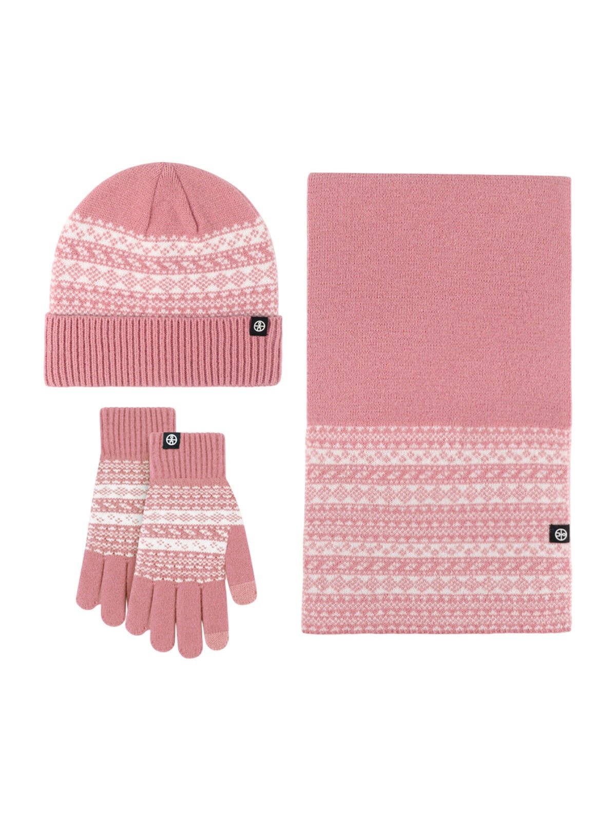 Ensemble bonnet écharpe gants, tricot jacquard hiver, motif nordique, chaud et doux, pour homme et femme, toucher polaire, maille épaisse, look hivernal moderne, modèle Plastie - Écharpe - Rose