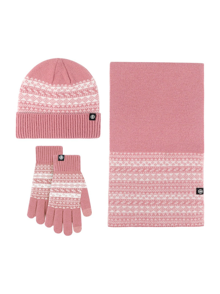 Ensemble bonnet écharpe gants, tricot jacquard hiver, motif nordique, chaud et doux, pour homme et femme, toucher polaire, maille épaisse, look hivernal moderne, modèle Plastie - Écharpe - Rose
