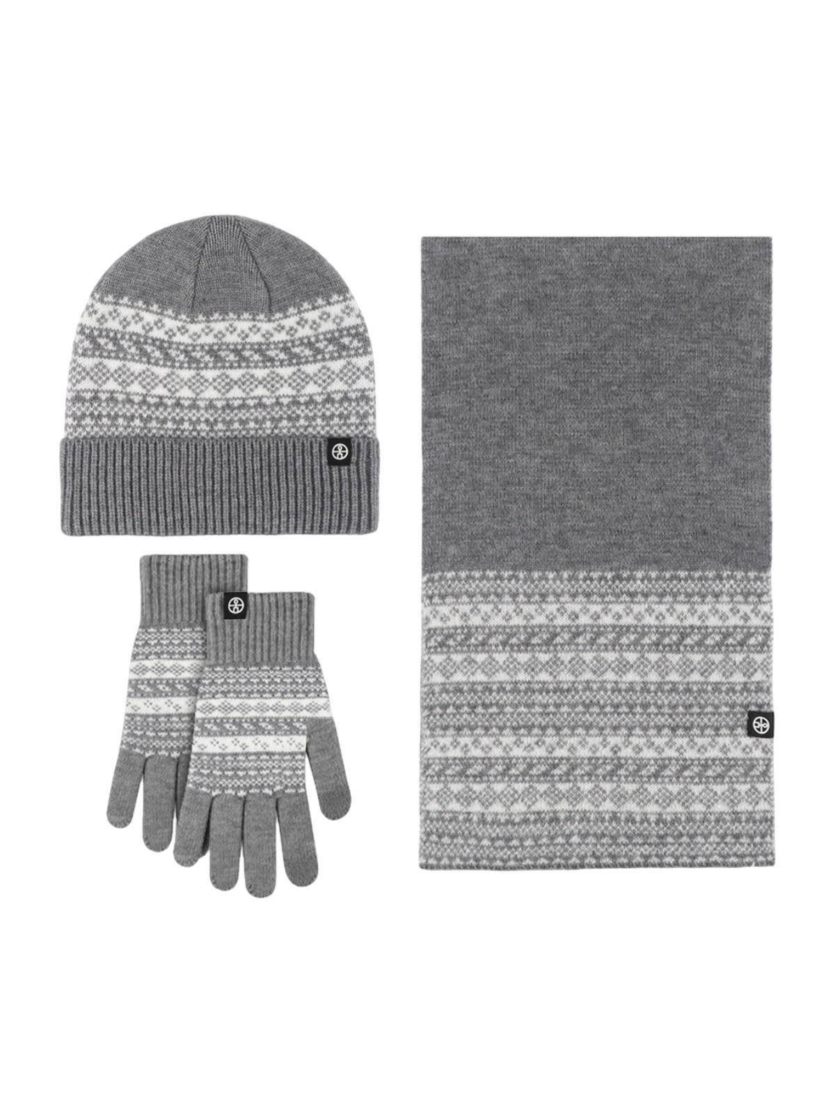 Ensemble bonnet écharpe gants, tricot jacquard hiver, motif nordique, chaud et doux, pour homme et femme, toucher polaire, maille épaisse, look hivernal moderne, modèle Plastie - Écharpe - Gris
