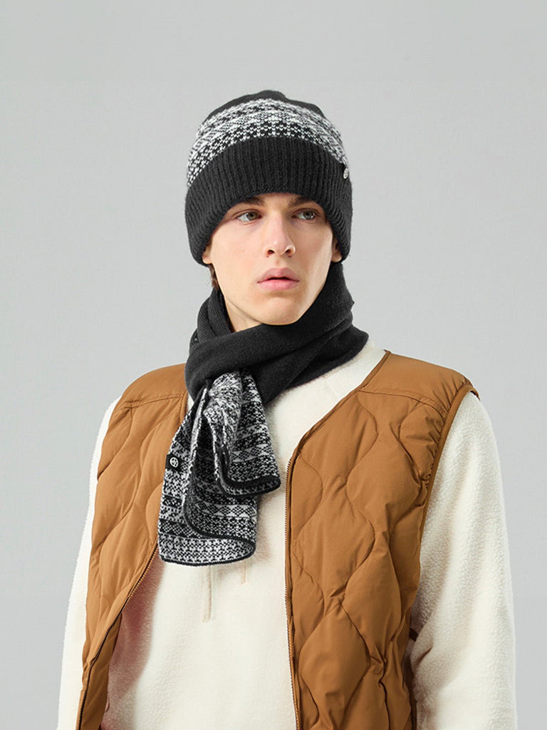 Ensemble bonnet écharpe gants, tricot jacquard hiver, motif nordique, chaud et doux, pour homme et femme, toucher polaire, maille épaisse, look hivernal moderne, modèle Plastie - Écharpe - Noir