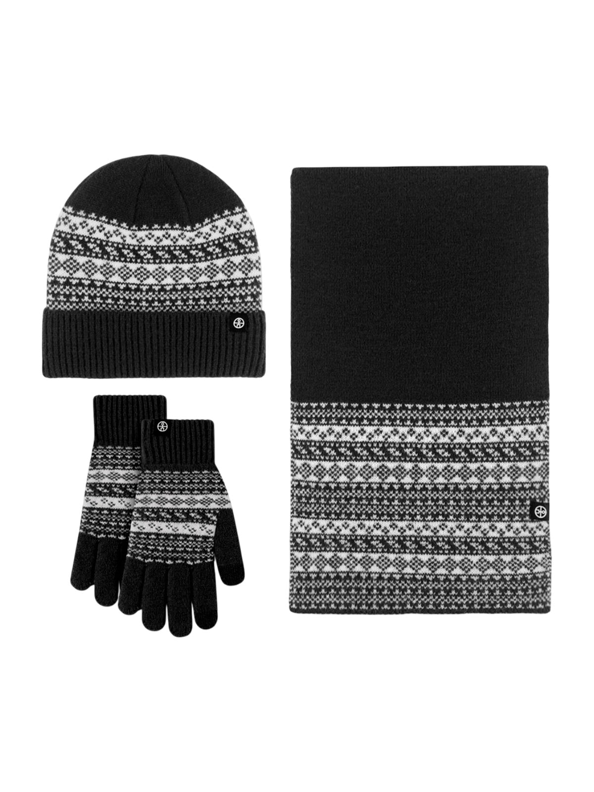 Ensemble bonnet écharpe gants, tricot jacquard hiver, motif nordique, chaud et doux, pour homme et femme, toucher polaire, maille épaisse, look hivernal moderne, modèle Plastie - Écharpe - Noir