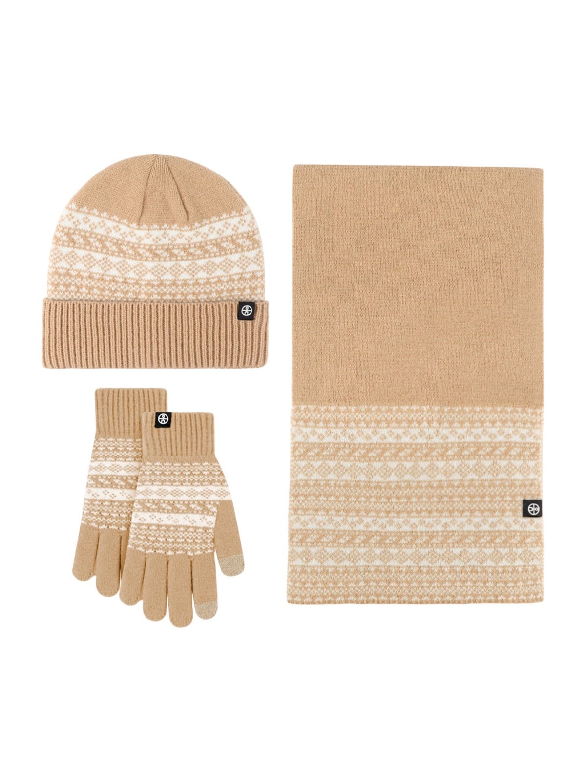 Ensemble bonnet écharpe gants, tricot jacquard hiver, motif nordique, chaud et doux, pour homme et femme, toucher polaire, maille épaisse, look hivernal moderne, modèle Plastie - Écharpe - Beige