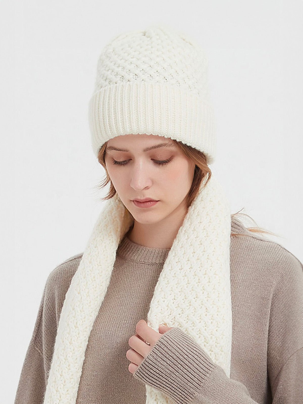 Ensemble bonnet et écharpe chaud hiver tricoté, assortie, laine doux, style décontracté, accessoire mixte hiver, modèle Ulse - Écharpe - Blanc