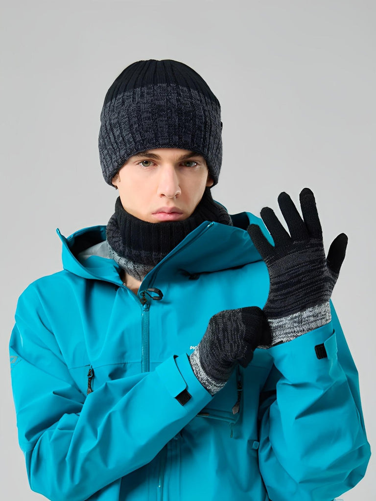 Ensemble bonnet tour de cou et gants homme femme, tricoté chaud doux, intérieur polaire, coupe - vent, toucher moelleux, motif dégradé, hiver grand froid, modèle Énime - Écharpe - Noir