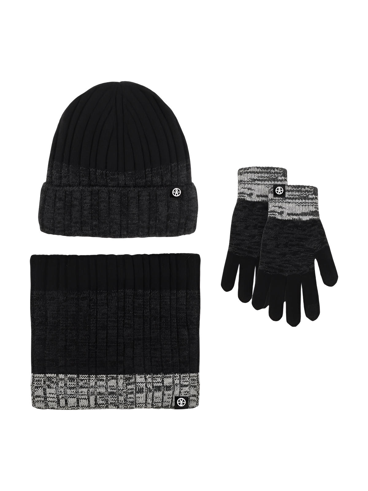 Ensemble bonnet tour de cou et gants homme femme, tricoté chaud doux, intérieur polaire, coupe - vent, toucher moelleux, motif dégradé, hiver grand froid, modèle Énime - Écharpe - Noir