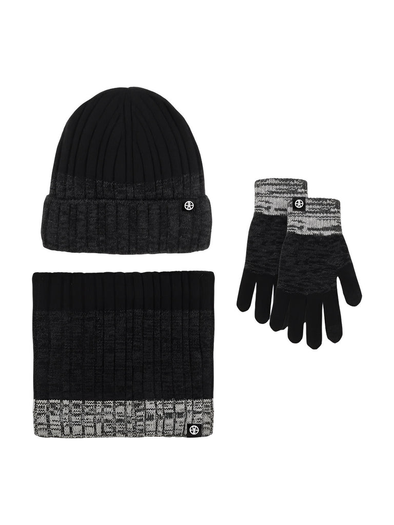 Ensemble bonnet tour de cou et gants homme femme, tricoté chaud doux, intérieur polaire, coupe - vent, toucher moelleux, motif dégradé, hiver grand froid, modèle Énime - Écharpe - Noir