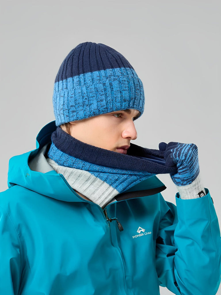 Ensemble bonnet tour de cou et gants homme femme, tricoté chaud doux, intérieur polaire, coupe - vent, toucher moelleux, motif dégradé, hiver grand froid, modèle Énime - Écharpe - Bleu