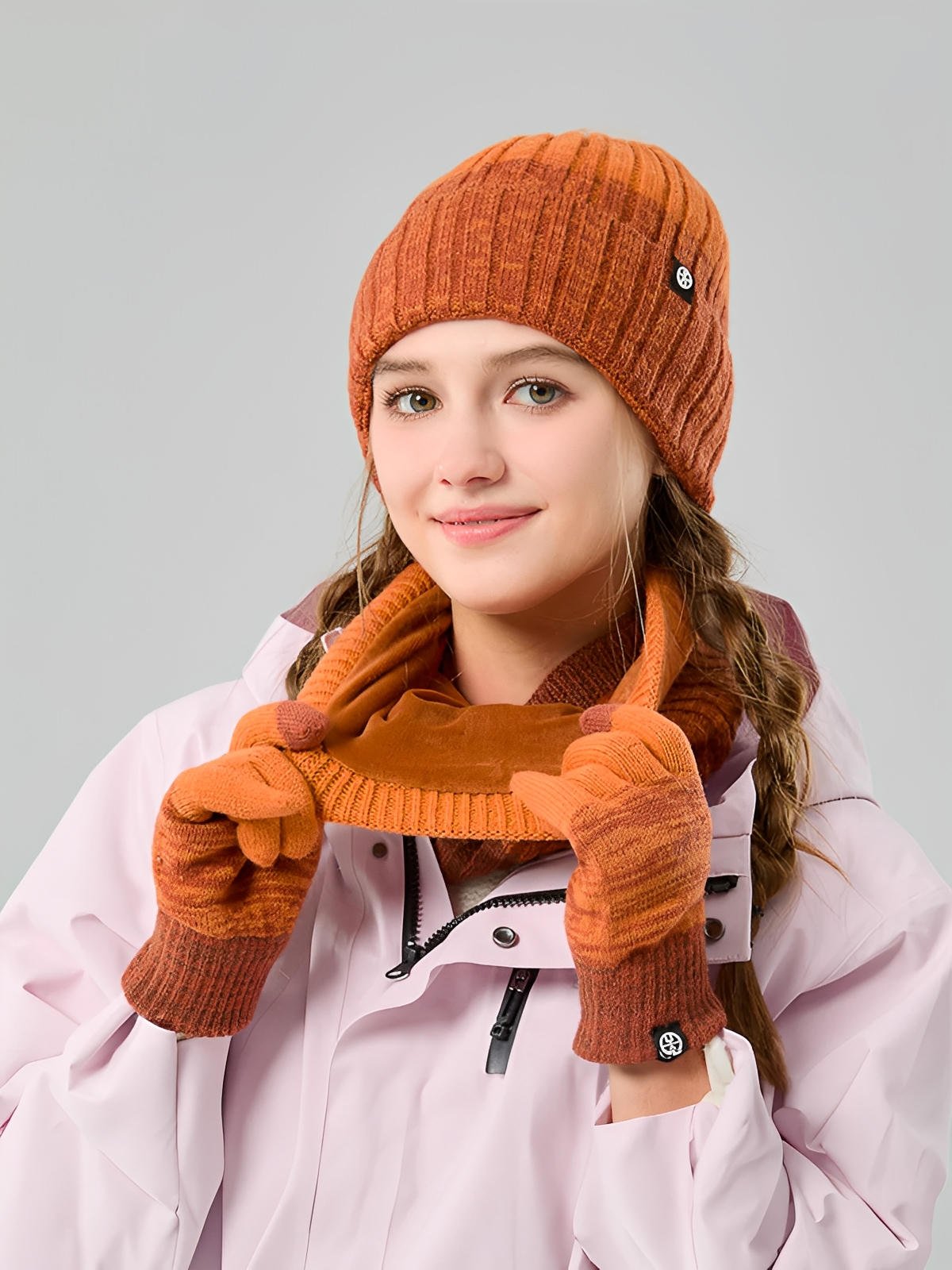 Ensemble bonnet tour de cou et gants homme femme, tricoté chaud doux, intérieur polaire, coupe - vent, toucher moelleux, motif dégradé, hiver grand froid, modèle Énime - Écharpe - Orange