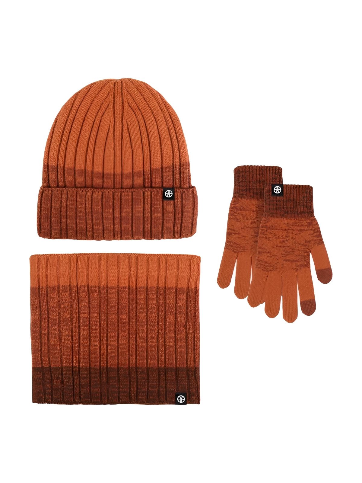Ensemble bonnet tour de cou et gants homme femme, tricoté chaud doux, intérieur polaire, coupe - vent, toucher moelleux, motif dégradé, hiver grand froid, modèle Énime - Écharpe - Orange