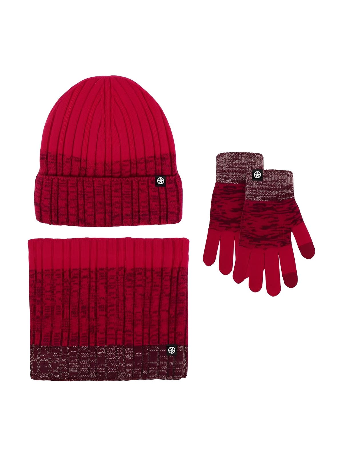 Ensemble bonnet tour de cou et gants homme femme, tricoté chaud doux, intérieur polaire, coupe - vent, toucher moelleux, motif dégradé, hiver grand froid, modèle Énime - Écharpe - Rouge