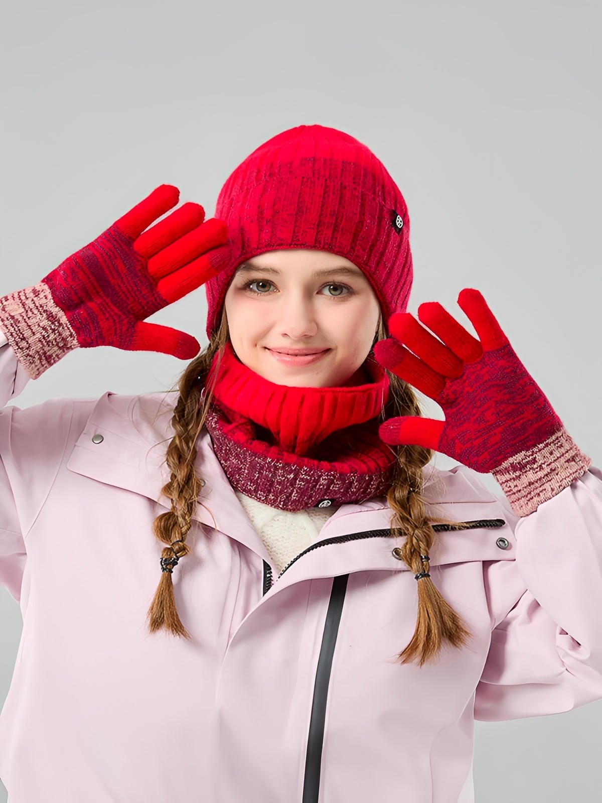 Ensemble bonnet tour de cou et gants homme femme, tricoté chaud doux, intérieur polaire, coupe - vent, toucher moelleux, motif dégradé, hiver grand froid, modèle Énime - Écharpe - Rouge