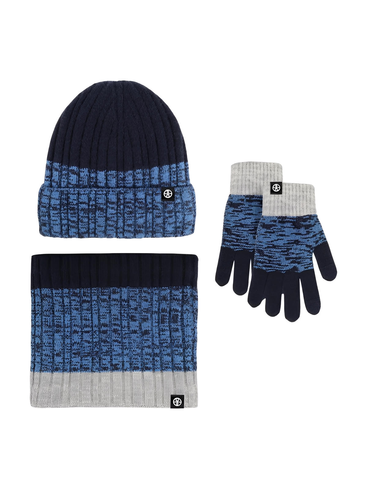 Ensemble bonnet tour de cou et gants homme femme, tricoté chaud doux, intérieur polaire, coupe - vent, toucher moelleux, motif dégradé, hiver grand froid, modèle Énime - Écharpe - Bleu