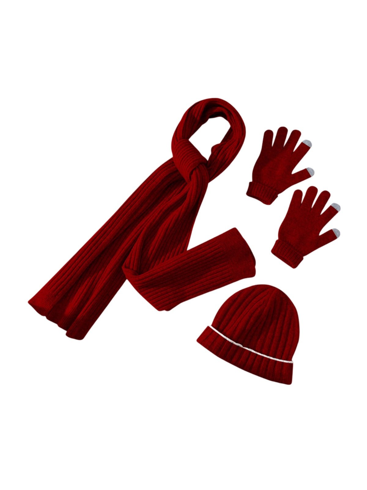 Ensemble d'hiver pure laine, bonnet côtelé, écharpe longue, gants tactiles, chaud confortable, style minimaliste, look unisexe, idéal grand froid, modèle Naeko - Écharpe - Bordeaux