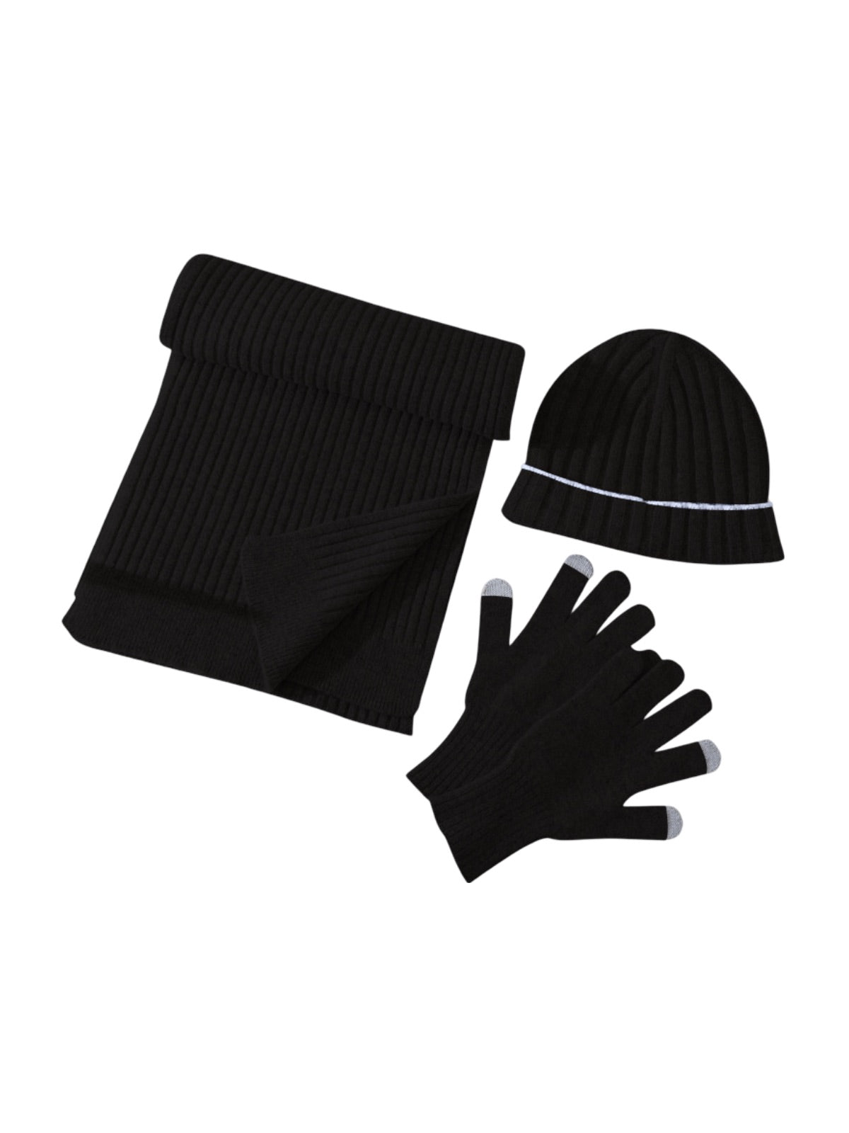 Ensemble d'hiver pure laine, bonnet côtelé, écharpe longue, gants tactiles, chaud confortable, style minimaliste, look unisexe, idéal grand froid, modèle Naeko - Écharpe - Noir