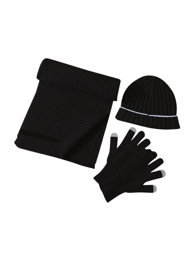 Ensemble d'hiver pure laine, bonnet côtelé, écharpe longue, gants tactiles, chaud confortable, style minimaliste, look unisexe, idéal grand froid, modèle Naeko - Écharpe - Noir