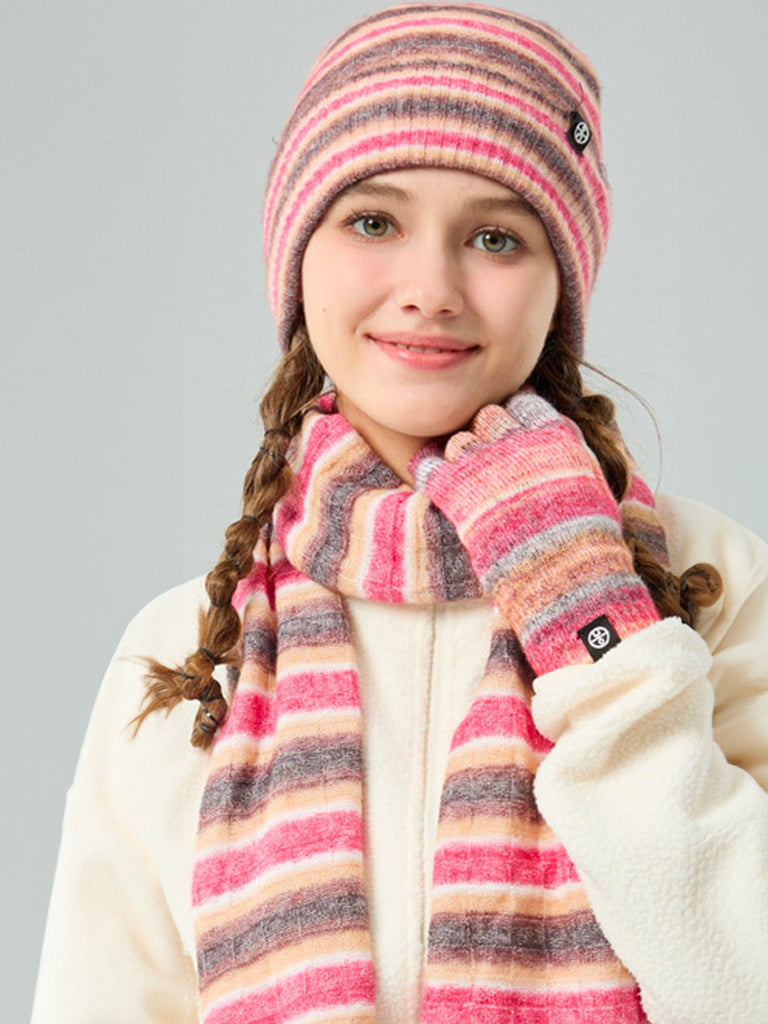 Ensemble hiver 3 pièces femme, bonnet rayé doux, écharpe longue chaude, gants tactiles assortis, tricot épais, motif dégradé, look cocooning, modèle Tedam - Écharpe - Rose