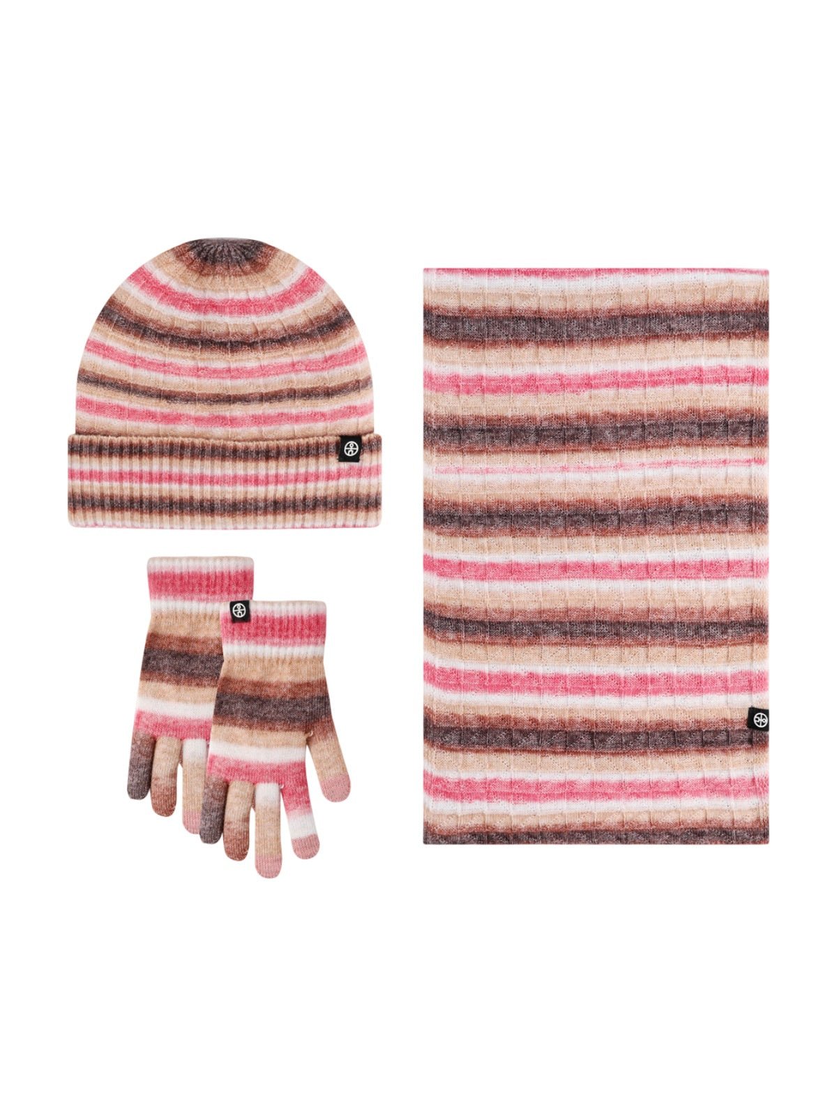 Ensemble hiver 3 pièces femme, bonnet rayé doux, écharpe longue chaude, gants tactiles assortis, tricot épais, motif dégradé, look cocooning, modèle Tedam - Écharpe - Rose