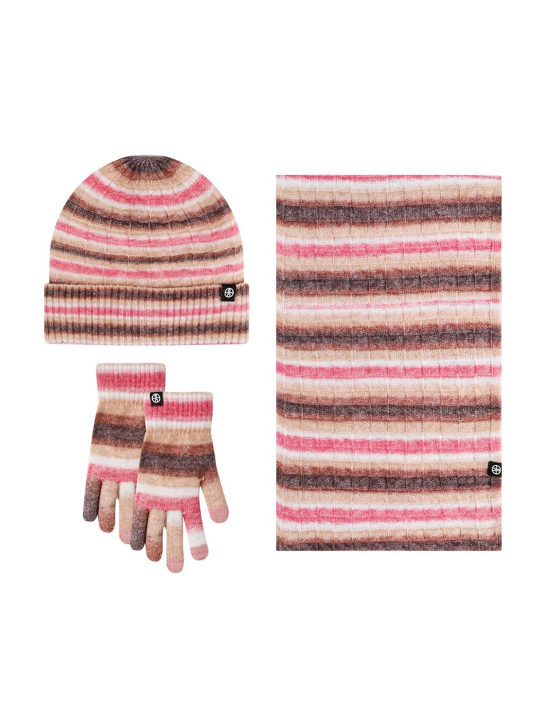 Ensemble hiver 3 pièces femme, bonnet rayé doux, écharpe longue chaude, gants tactiles assortis, tricot épais, motif dégradé, look cocooning, modèle Tedam - Écharpe - Rose