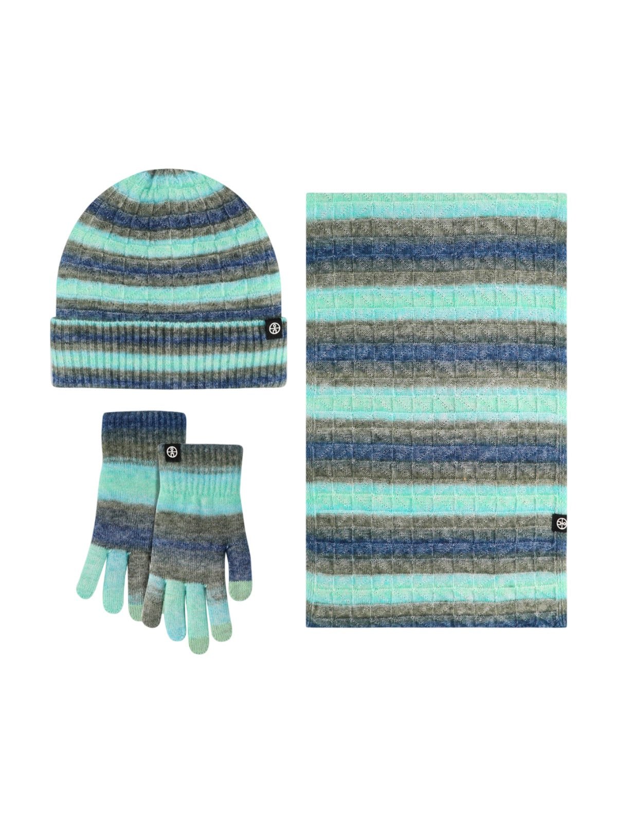 Ensemble hiver 3 pièces femme, bonnet rayé doux, écharpe longue chaude, gants tactiles assortis, tricot épais, motif dégradé, look cocooning, modèle Tedam - Écharpe - Vert