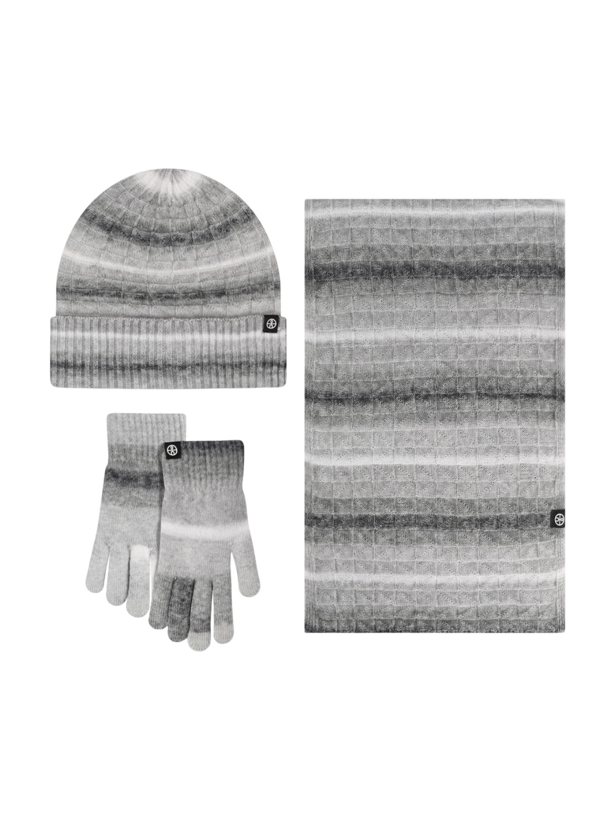 Ensemble hiver 3 pièces femme, bonnet rayé doux, écharpe longue chaude, gants tactiles assortis, tricot épais, motif dégradé, look cocooning, modèle Tedam - Écharpe - Gris