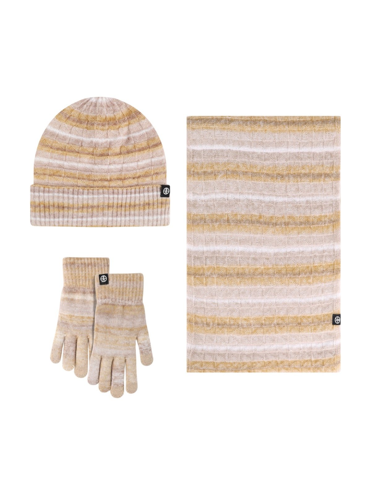 Ensemble hiver 3 pièces femme, bonnet rayé doux, écharpe longue chaude, gants tactiles assortis, tricot épais, motif dégradé, look cocooning, modèle Tedam - Écharpe - Beige