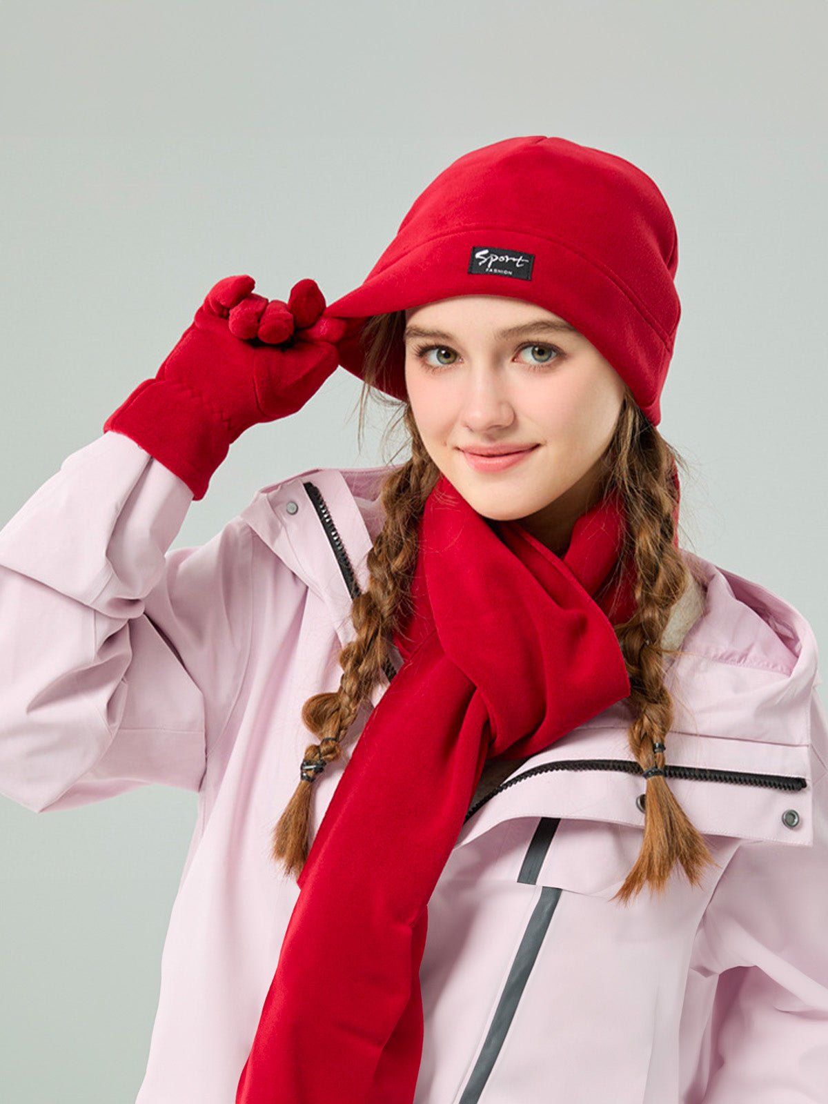 Ensemble hiver mixte, bonnet polaire homme femme, gants tactiles hiver, écharpe douce chaude, ensemble hiver unisexe, protection froid, accessoire sports d’hiver, modèle Lipène - Écharpe - Rouge