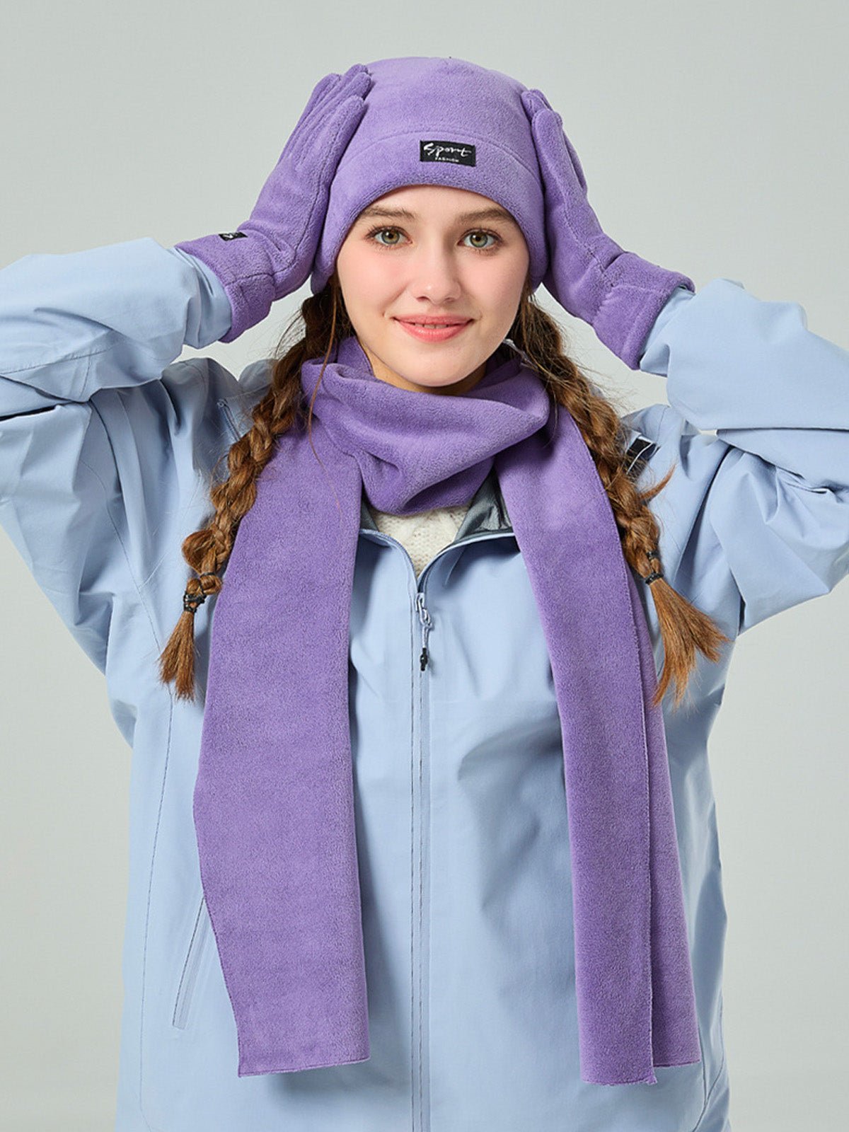 Ensemble hiver mixte, bonnet polaire homme femme, gants tactiles hiver, écharpe douce chaude, ensemble hiver unisexe, protection froid, accessoire sports d’hiver, modèle Lipène - Écharpe - Violet