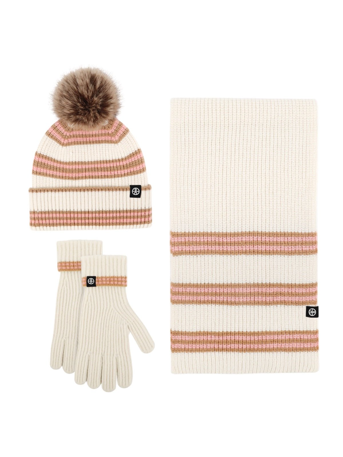 Ensemble hiver tricoté, bonnet rayé avec pompon amovible, écharpe assortie douce et chaude, gants tactiles confortables, look cocooning pour grands froids, modèle Hotcho - Écharpe - Blanc