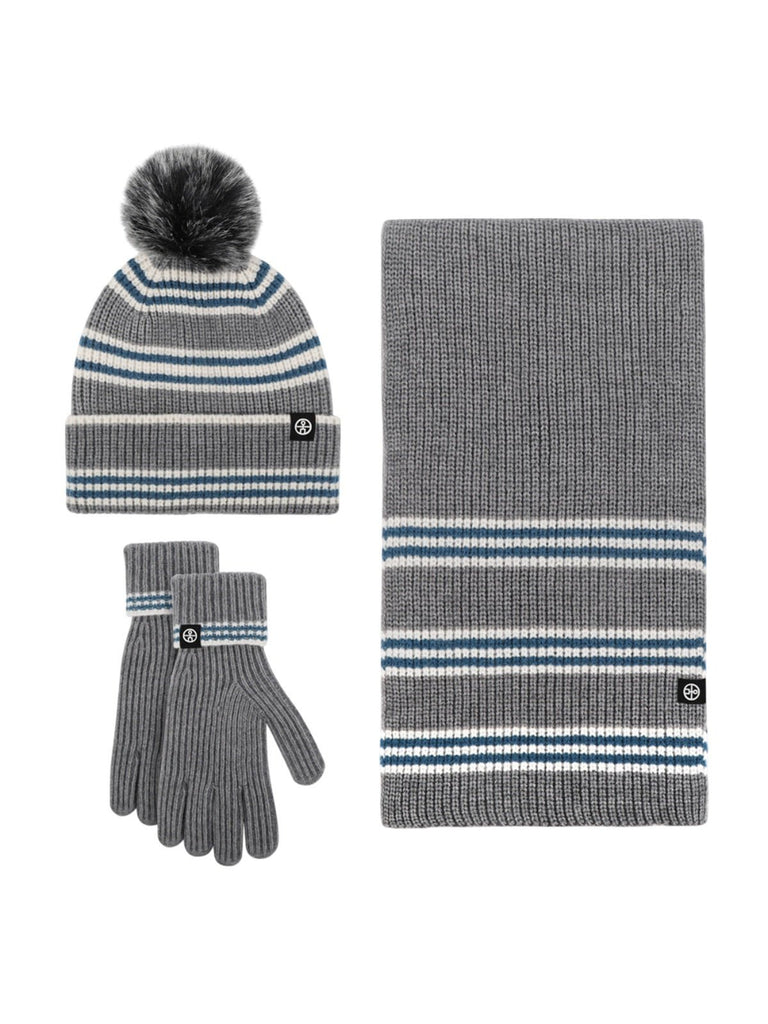 Ensemble hiver tricoté, bonnet rayé avec pompon amovible, écharpe assortie douce et chaude, gants tactiles confortables, look cocooning pour grands froids, modèle Hotcho - Écharpe - Gris