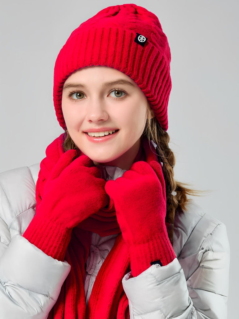Ensemble hiver trois pièces, bonnet chaud doublé, écharpe douce longue, gants tactiles confortables, tricot effet relief, plusieurs couleurs disponibles, modèle Gastin - Écharpe - Rouge