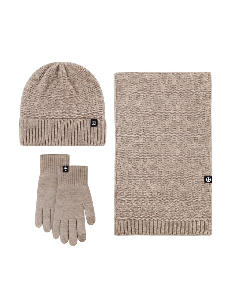 Ensemble hiver trois pièces, bonnet chaud doublé, écharpe douce longue, gants tactiles confortables, tricot effet relief, plusieurs couleurs disponibles, modèle Gastin - Écharpe - Beige