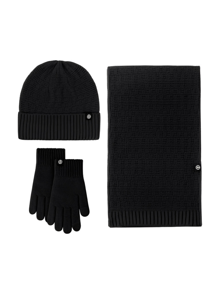 Ensemble hiver trois pièces, bonnet chaud doublé, écharpe douce longue, gants tactiles confortables, tricot effet relief, plusieurs couleurs disponibles, modèle Gastin - Écharpe - Noir