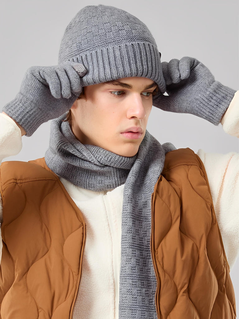 Ensemble hiver trois pièces, bonnet chaud doublé, écharpe douce longue, gants tactiles confortables, tricot effet relief, plusieurs couleurs disponibles, modèle Gastin - Écharpe - Gris